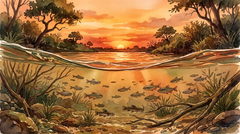 Pôr do sol sobre o rio com corte subaquático mostrando peixes nativos e leito preservado