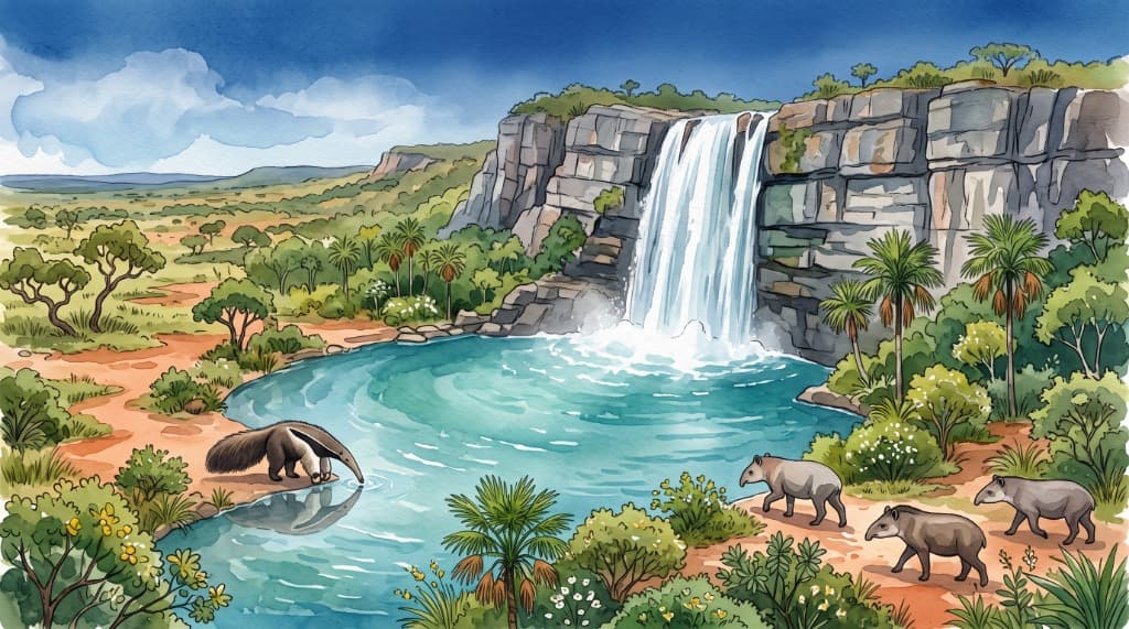 Cachoeira em paredão rochoso com tamanduá e antas bebendo na lagoa