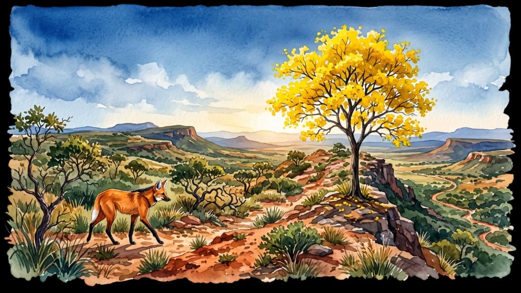 Lobo-guará caminhando ao lado de um ipê amarelo florido em escarpa rochosa do Cerrado